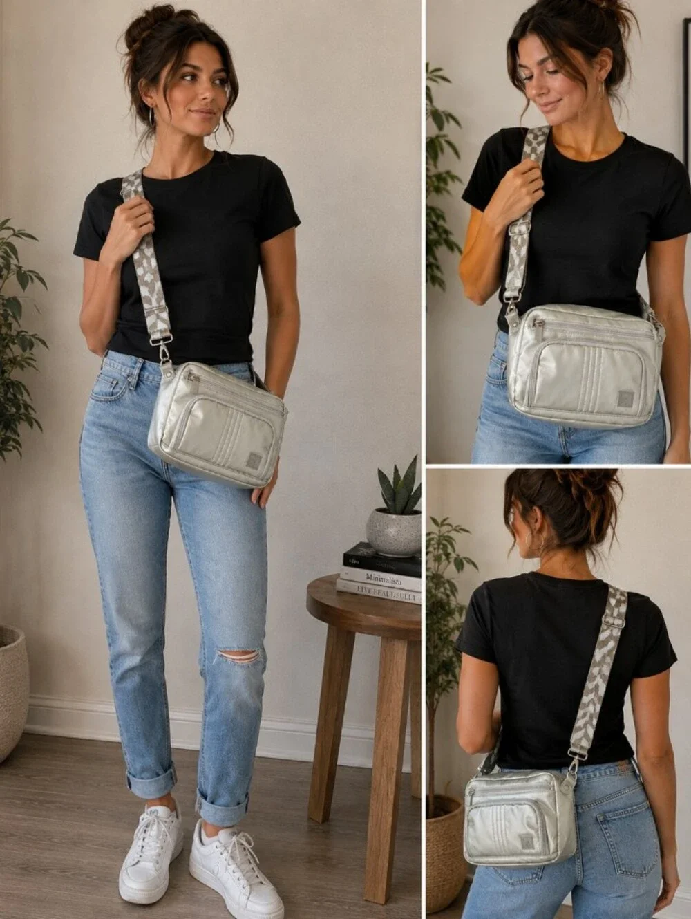 HKWP Silver Metallic Crossbody Shoulder Bag Adjustable Strap Multi Pocket